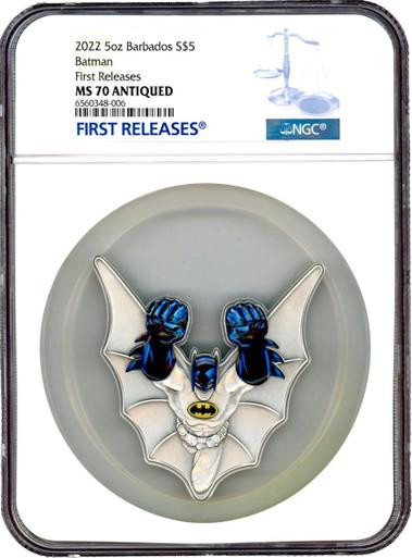 Batman 2022 Barbados DC Comics BATMAN Shaped 5oz Silver Coin NGC 70 FR +Box COA 