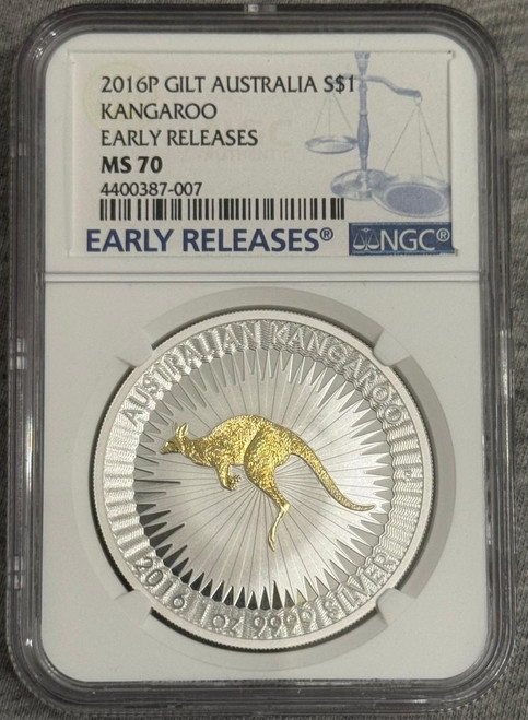 2016 P Australia GILDED Kangaroo Gild 1 oz Silver Coin NGC MS 70 ER LABEL