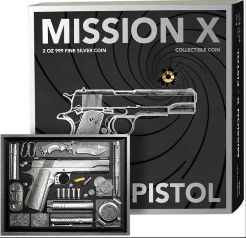 2025 Samoa Mission X Pistol .999 2oz Silver Gold Gilded Antiqued Coin