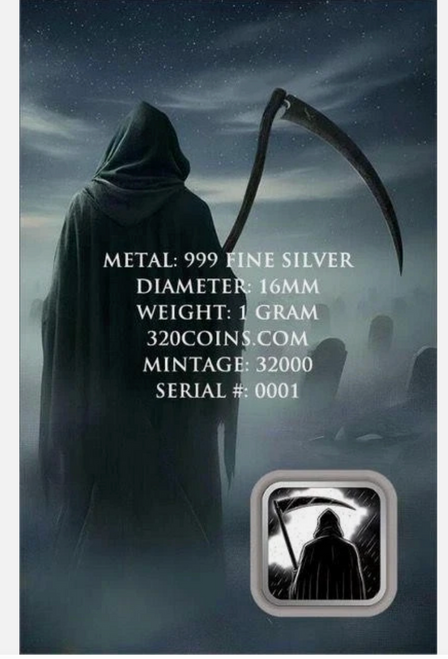 Gram Reaper 1g .999 Colorized Silver Bar in Scary Themed Card