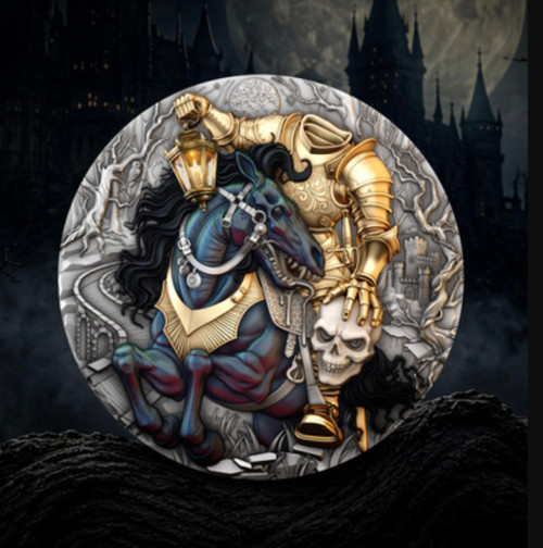 Headless Rider 2026 Niue 2oz silver coin reverse: armoured headless rider raising a lantern with a skull under one arm
