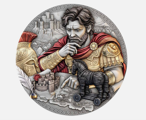 Odysseus 2026 Niue 2oz silver coin reverse: Odysseus in thought over a map of Troy with the wheeled wooden horse and a model of the city walls