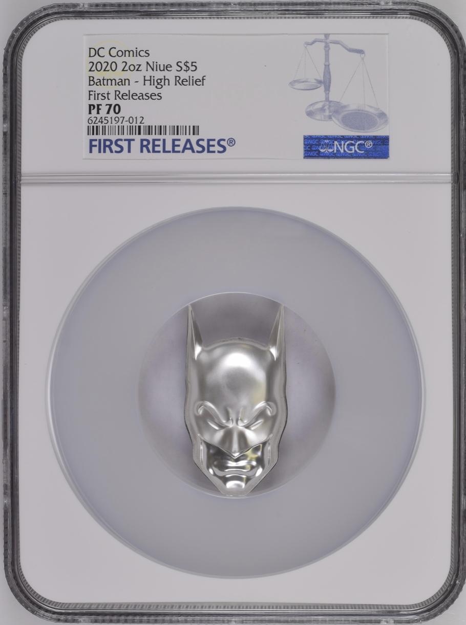 BATMAN COWL HEAD HELMET MASK DC COMICS NZ MINT 2020 2oz SILVER COIN NGC 70  FR