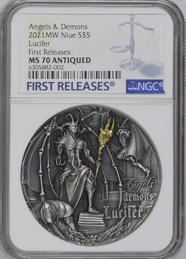 Angels & Demons Lucifer 2oz Silver High Relief Gilded Coin Niue 2021 NGC 70  FR