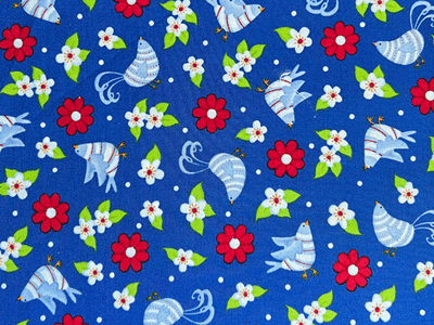 Quilting Cotton Birds and Flowers on Blue A