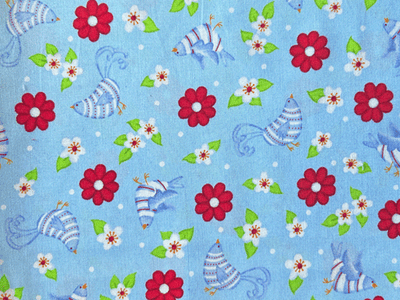 Quilting Cotton Birds and Flowers on Light Blue A
