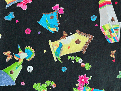 Quilting Cotton Birds House on Black A