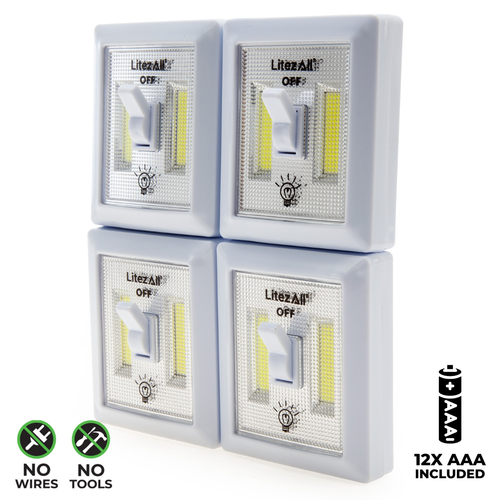 LitezAll 21852 Mini Wireless Self-Adhesive COB LED Light Switch 150 Lumens (4 Pack)