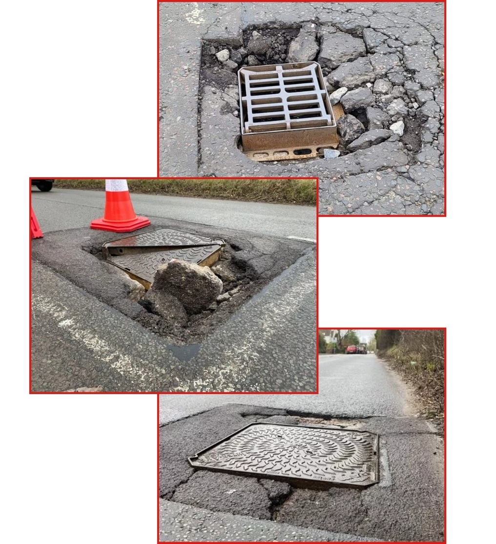 Sunken manhole cover in road