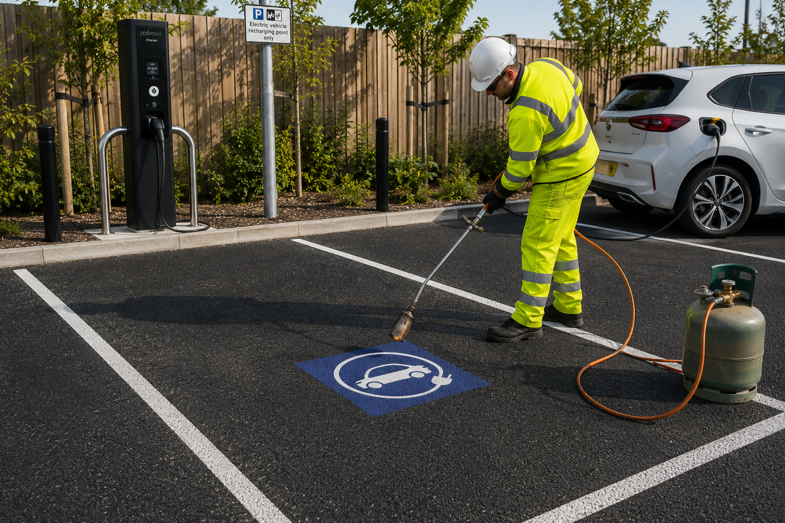 Thermoplastic EV charging bay marking applied to asphalt