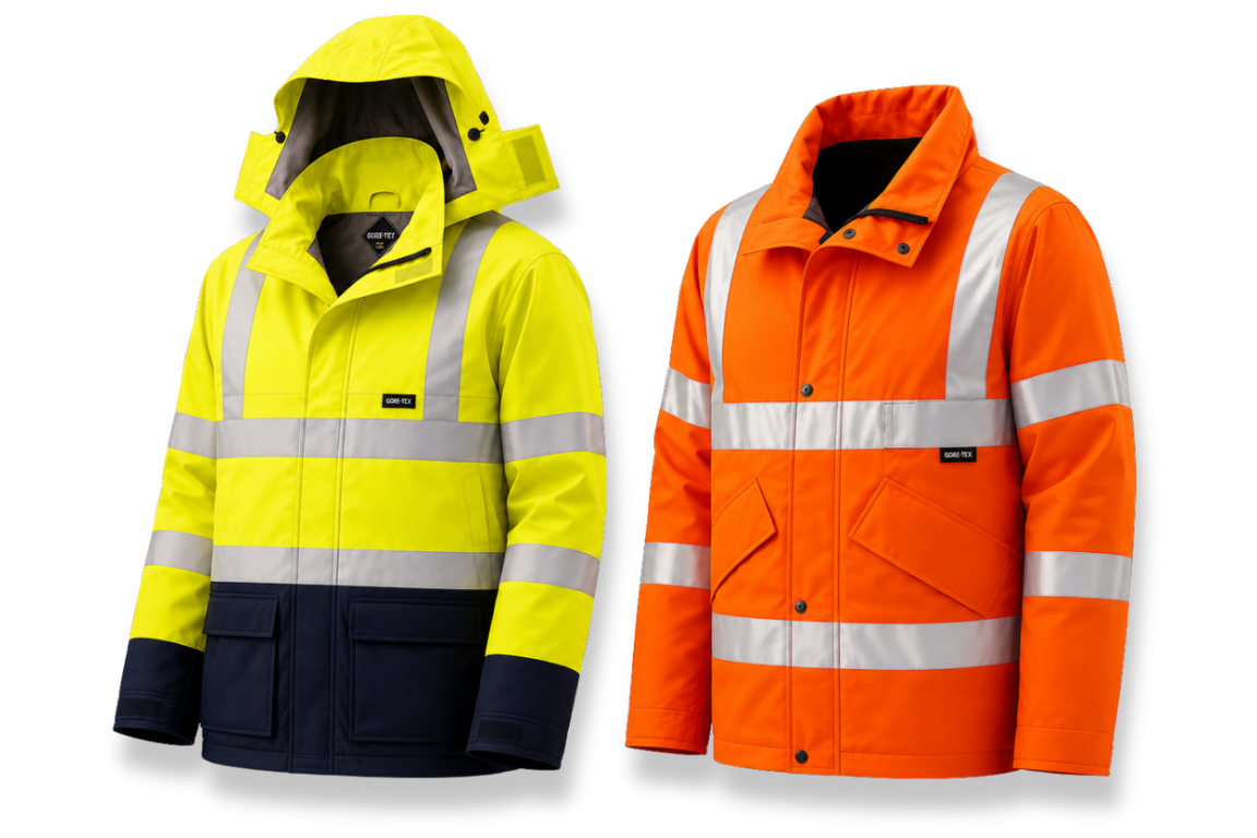Yellow and orange GORE-TEX high-visibility jackets