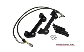 Vagbremtechnic Front Brake Kit - 4 Piston Brembo Caliper - 340x30mm OE 1 Piece Discs - PQ35 / MQB - Gloss Black with White 'R' Logo