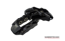 Vagbremtechnic Front Brake Kit - 4 Piston Brembo Caliper - 340x30mm OE 1 Piece Discs - PQ35 / MQB - Gloss Black with White 'R' Logo