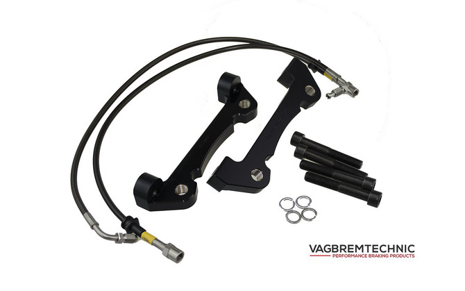 Vagbremtechnic Front Brake Kit - 4 Piston Brembo Caliper - 340x30mm OE 1 Piece Discs - PQ35 / MQB - Gloss Black with White 'R' Logo
