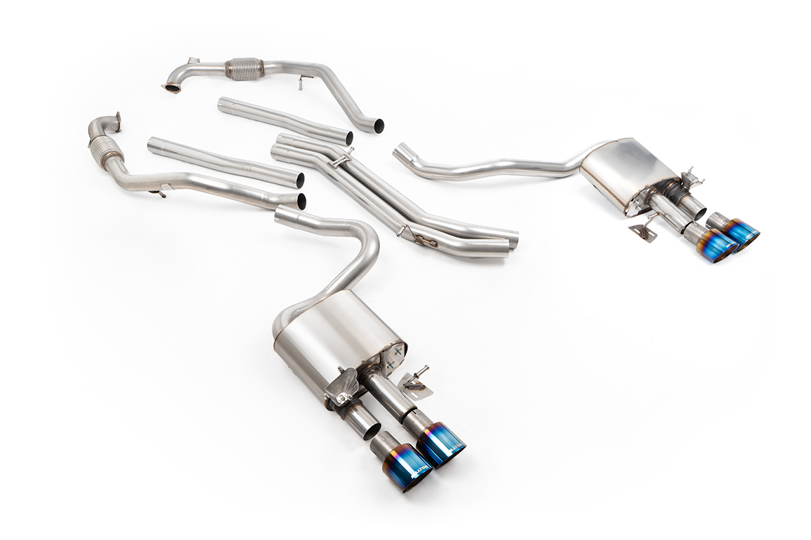 Milltek Cat-Back System - Audi S5 (B9) 3.0T Coupe Only (NON GPF Models Only - Sport Diff Vehicles Only & with Brace Bars) - Right Hand Drive Cars Only – Non-Resonated - Quad GT-100 Burnt Titanium Tips (SSXAU1159), view 1