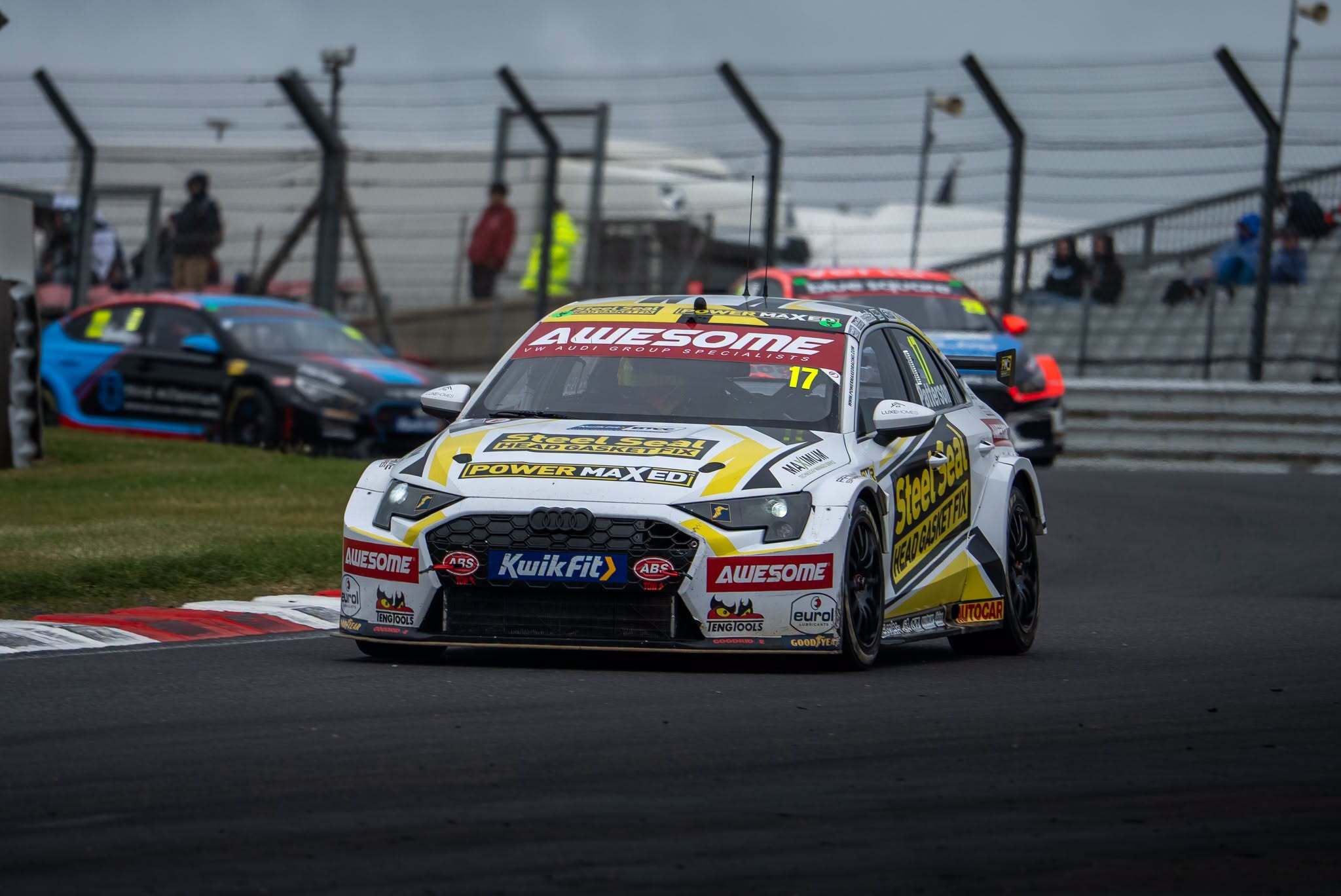 The Awesome-branded #17 Power Maxed Racing Audi S3 attacking a Snetterton corner with Steel Seal and Kwik Fit sponsorship visible