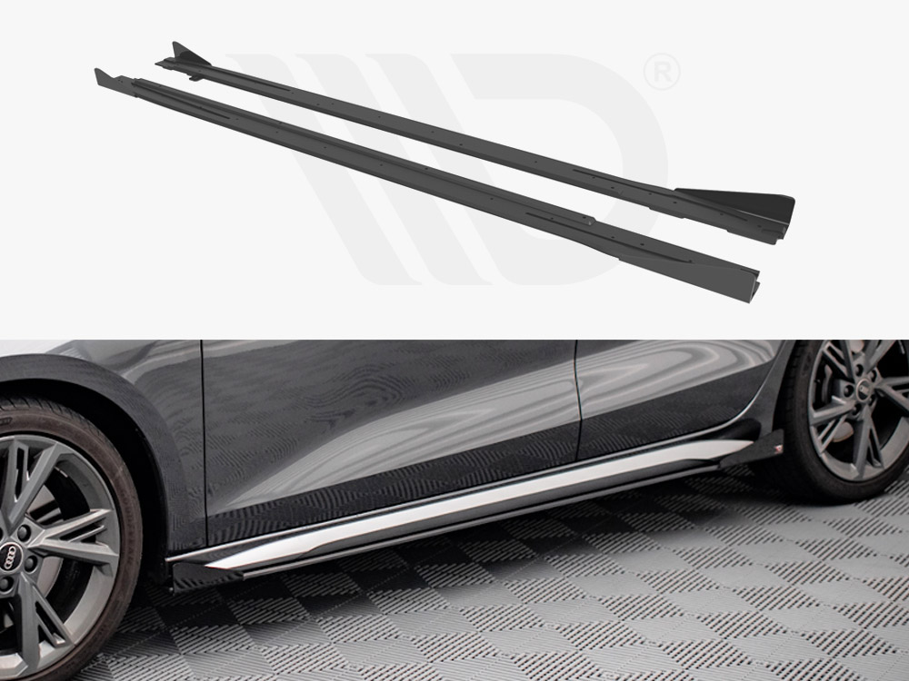 Maxton Design Black + Gloss Flaps Street Pro Side Skirts Diffusers (+Flaps) Audi S3 / A3 S-Line 8Y (2020-), view 1