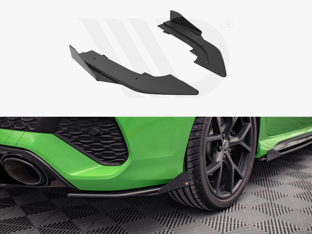 Maxton Design Black + Gloss Flaps Street Pro Rear Side Splitters (+Flaps) Audi RS3 Sedan 8Y (2020-), view 1