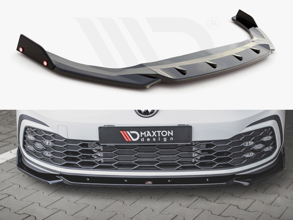 Maxton Design Gloss Black Front Splitter (+Flaps) V2 VW Golf 8 GTI / R-Line (2020-), view 1