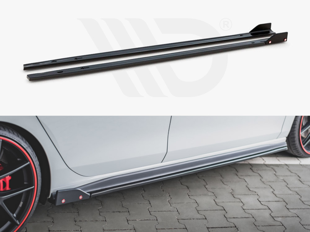 Maxton Design Gloss Black Side Skirts Diffusers (+Flaps) V2 VW Golf 8 GTI / GTI Clubsport / R-Line (2020-), view 1