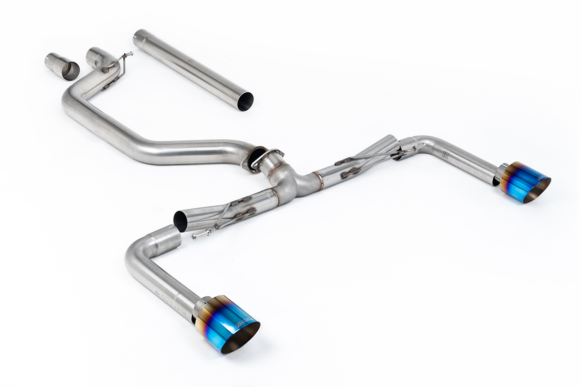 Milltek GPF Back Exhaust System - Mk8.5 GTI – Race System with Burnt/Blue Titanium GT-115 Trims - (SSXVW681), view 1