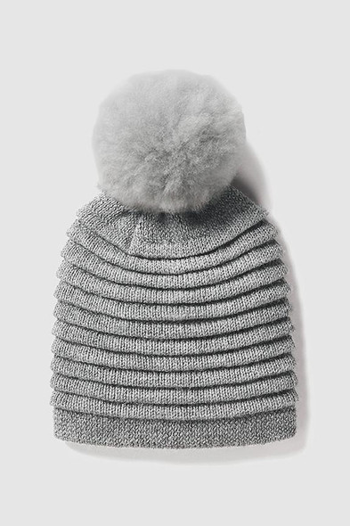 Alpaca Ribbed Pleated Solid Color Beanie with Oversized PomPom