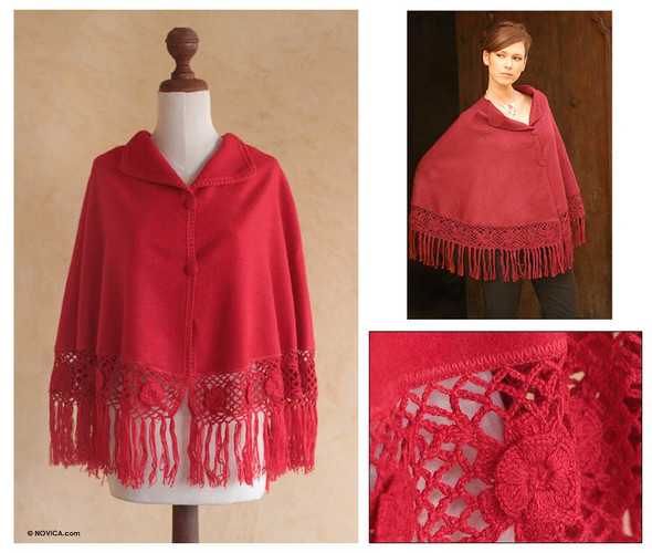 Bell Cape 100% Alpaca with Crochet Flowers and Fringe