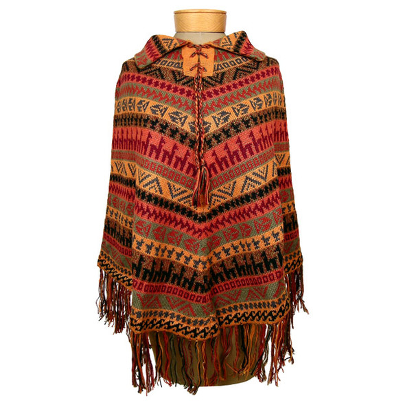 100 % Alpaca Knit Poncho w/ Laced Collar with Geometric Bands