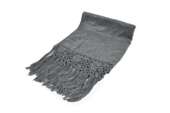 Natural Dark Grey Shawl in 100% Alpaca with Crocheted Fringes