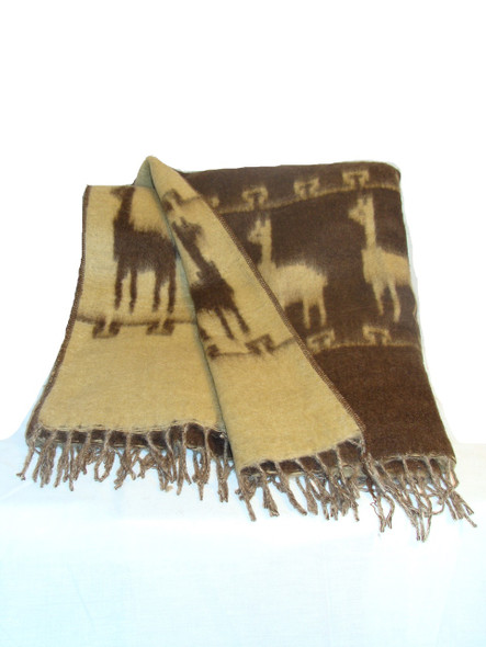 Adorable Llama Pattern Huggable Reversible Blanket in Soft Brushed Alpaca Two Tone 60" x 84" - Brown and Tan Fringed
