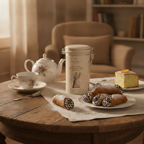 Afternoon table set with Italian Cannoli di Sicilia with Cappuccino Cream Filling