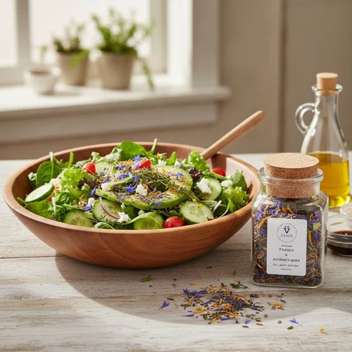 Organic edible flowers and aromatics sprinkled over a fresh salad