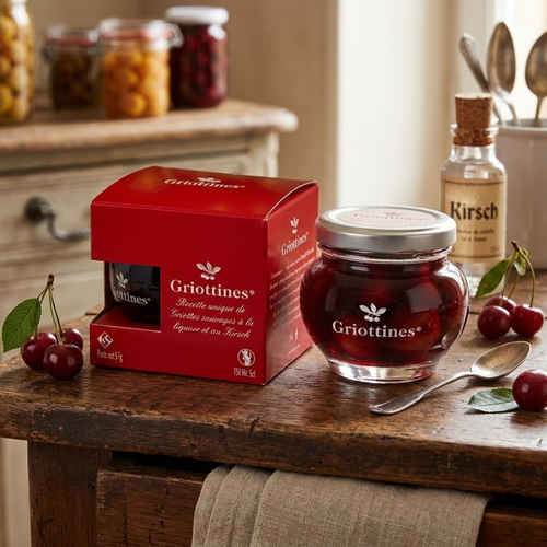 Distilleries Peureux Morello Cherries on top of table