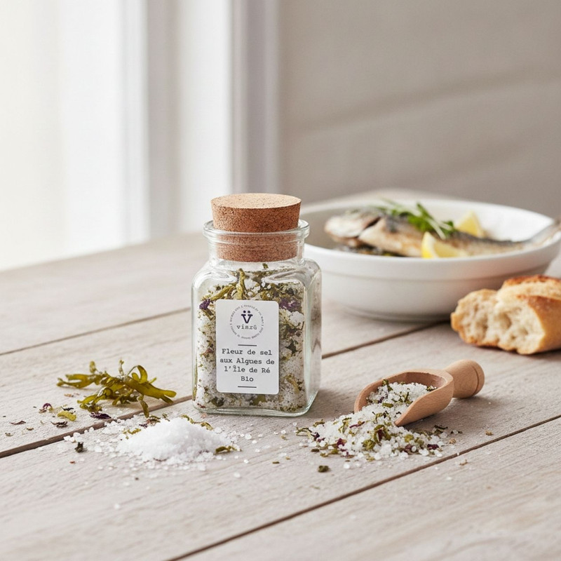 Fleur de sel with seaweed sprinkled over grilled fish