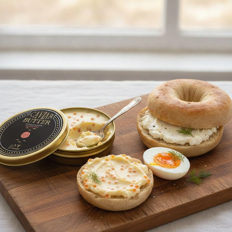 Salmon roe butter spread on a toasted bagel with cream cheese