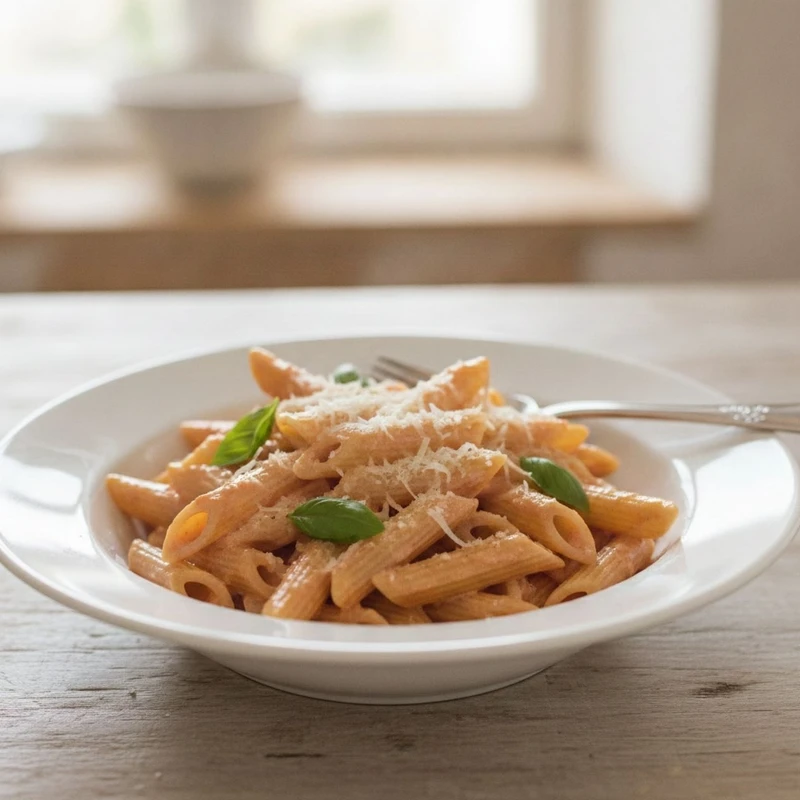 Cooked Mancini Penne Rigate plated with pink sauce