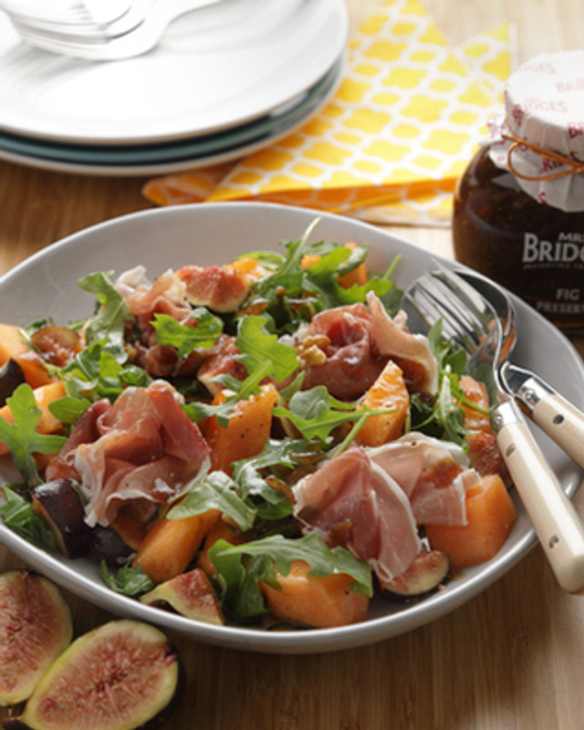 Melon, fig and parma ham with fig & basil dressing recipe Melon, fig and parma ham with fig & basil dressing recipe