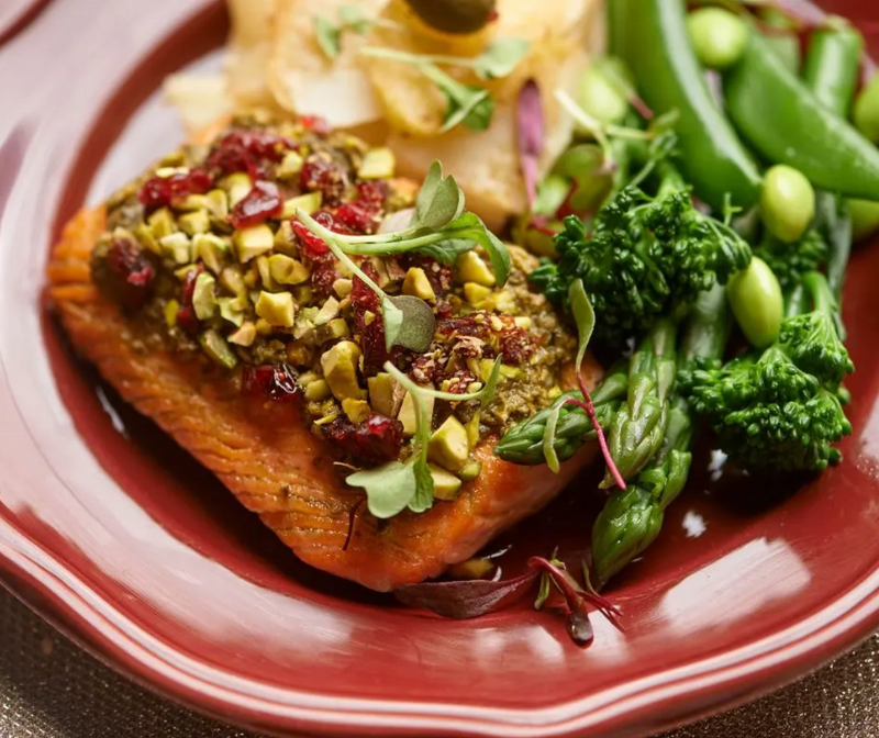 Salmon with Pistachio, Cranberry Crust, Potato, and Greens
