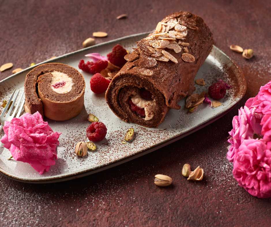 Chocolate Almond Roulade with Raspberry, Rose & Pistachio