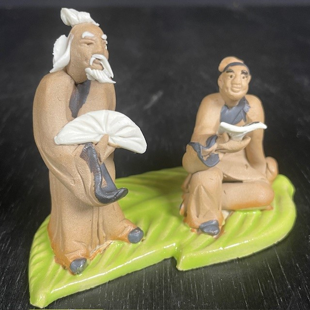 Chinese Figurine - Two Men sitting playing koto harp at Bonsai Outlet