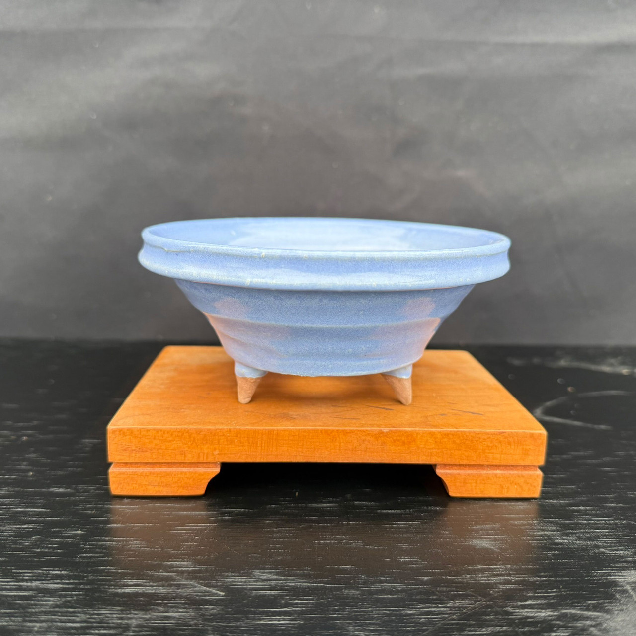5.25 Inch Round Tokoname Bonsai Pot by Kakuzan (Kakuyuki Watanabe), Sky  Blue Glaze, Rolled Rim, Three Feet