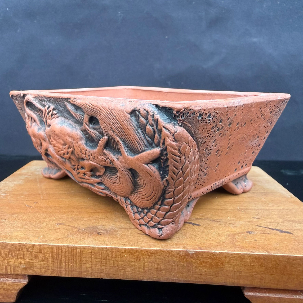 4.5 Inch Kouji Watanabe Tokoname Bonsai Pot, Dragon Rectangle