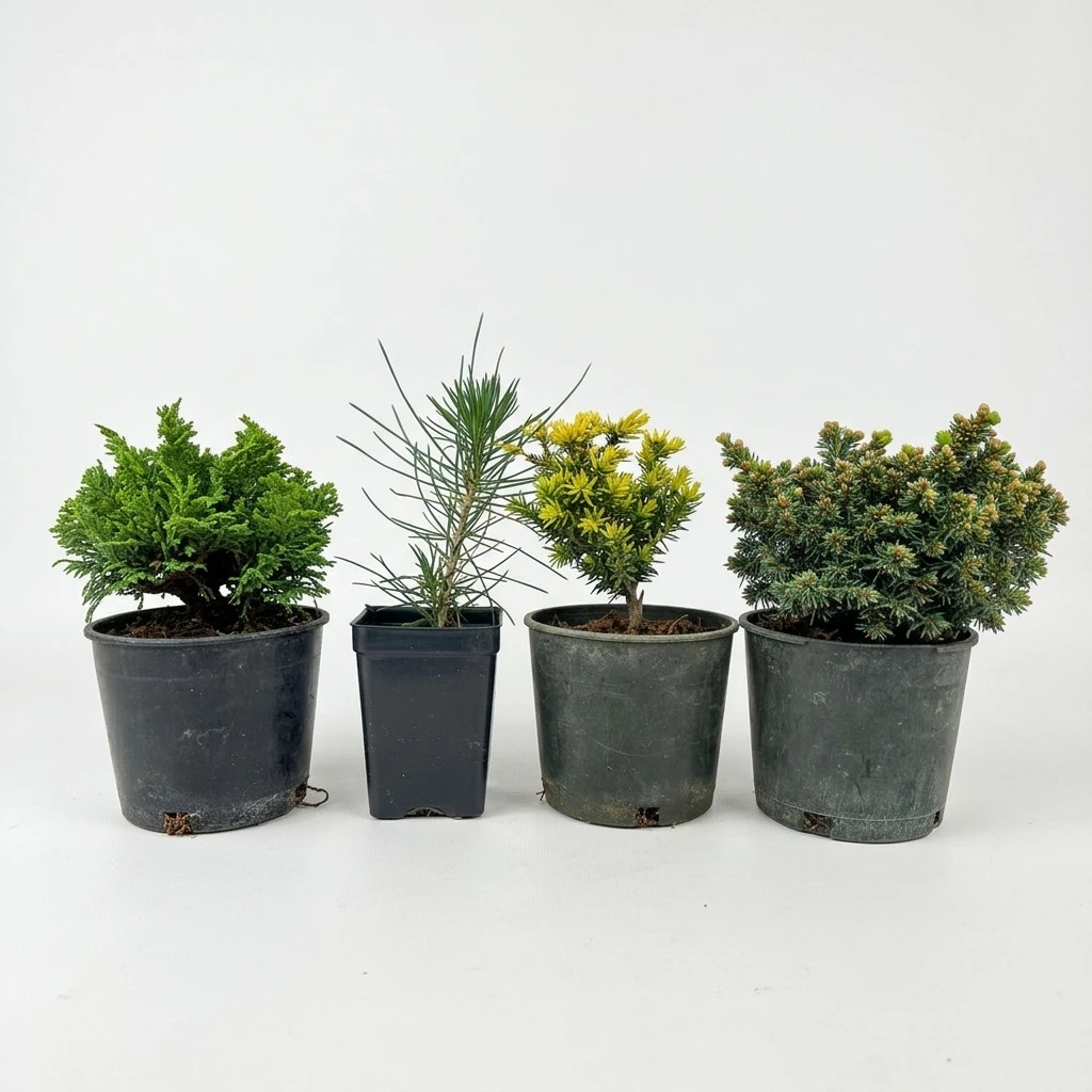 4-Piece Conifer Pre-Bonsai Set with Hinoki, Yew, Spruce & Black