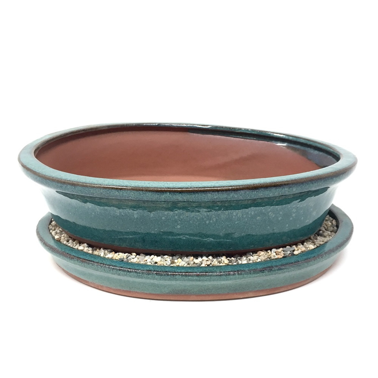 9" Teal Glazed Oval Ceramic Bonsai Pot With Matching Humidity Tray