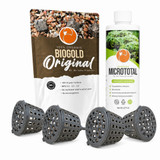 Cold-hardy bonsai feeding bundle: Ho Yoku BioGold Original organic fertilizer, MicroTotal 8 oz bottle and four staked fertilizer cups