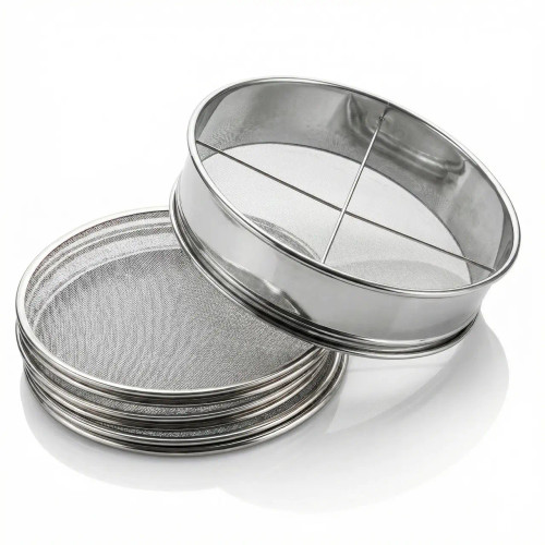 A high-angle, professional studio photograph showcases a set of polished stainless steel kitchen sieves, also known as flour sifters or strainers, against a clean, reflective white background. 

One deep, circular sieve frame is propped up at a slight angle on the right, revealing its fine-mesh bottom and two intersecting metal support wires that form a cross shape for reinforcement. The sieve features a high, mirrored metal rim. 

To the left, the main sieve leans against a neat stack of approximately five or six circular mesh inserts. These inserts have much thinner metal frames than the main body and contain varying degrees of fine-gauge wire mesh. 

The bright, even lighting emphasizes the reflective, metallic texture of the high-quality stainless steel and the intricate weave of the mesh screens. A soft, blurred reflection is visible on the pristine white surface beneath the kitchen tools, highlighting their professional quality and clean design.