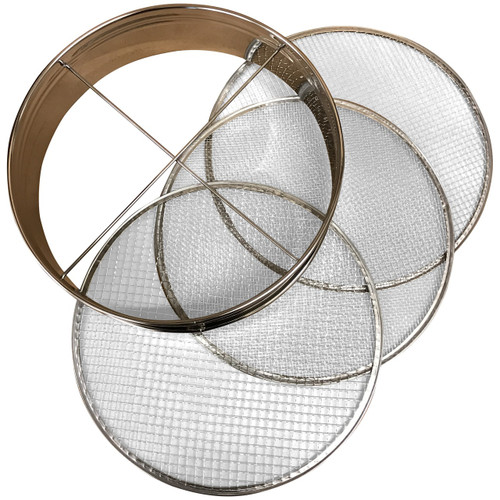 An overhead studio photograph of a four-piece imported bonsai soil sieve set, displayed against a stark white background. The set includes a deep, circular frame made of polished stainless steel and three interchangeable round mesh screens. The frame is positioned on the left and angled to show its depth and the thin metal cross-brace at the bottom that holds the screens in place. To the right, the three mesh screens are fanned out, each featuring a different grid density: coarse, medium, and fine. This versatile tool is essential for bonsai repotting, allowing enthusiasts to sift and grade soil components like akadama, pumice, and lava rock to ensure proper drainage and aeration for healthy tree growth.