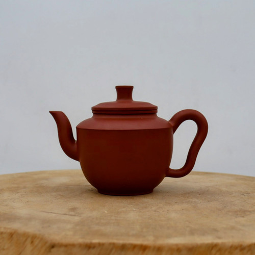 Handmade Yixing zisha teapot with a bulbous body and sharp shoulder, No. 6