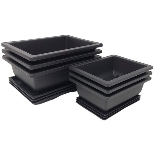 A comprehensive combo pack of dark charcoal plastic bonsai training pots, styled after traditional Tokoname grow pots, displayed against a clean white background. The set includes two distinct sizes arranged in two stacks. On the left, three larger rectangular pots are nested together, resting atop three matching rectangular humidity trays. To the right, a second stack features three smaller nested rectangular pots and three corresponding trays. Each pot is constructed from heavy-duty, matte-finish plastic with a wide, reinforced upper rim and subtly tapered sides, making them ideal for the initial growth and training phases of bonsai trees. The matching drip trays underneath are designed to catch water and protect surfaces, providing a complete professional setup for bonsai enthusiasts.