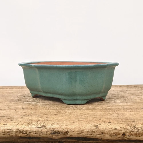 8 inch rectangular teal glazed Yixing bonsai pot with notched corners